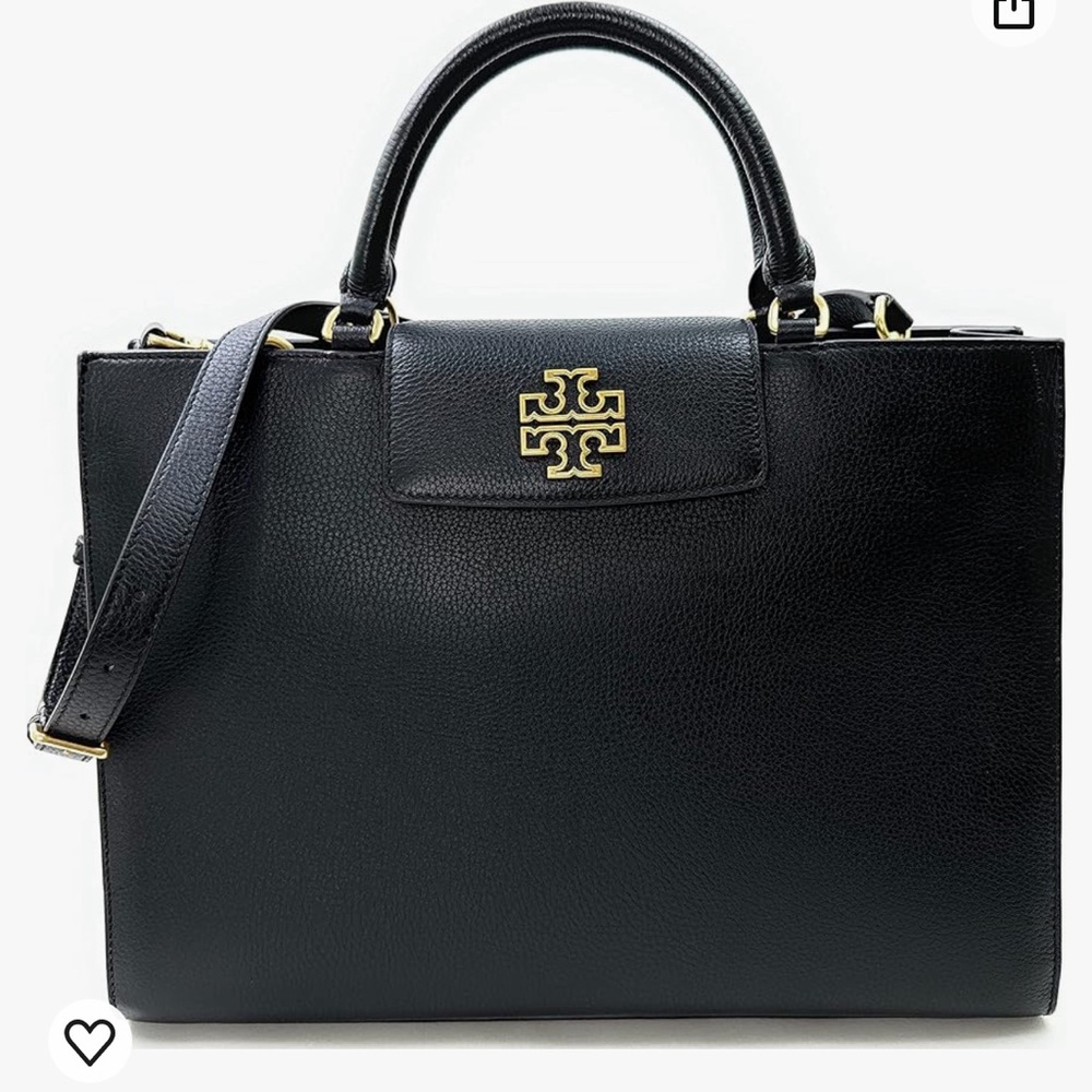 Tory Burch Black Leather Tote with Gold Logo Hardware